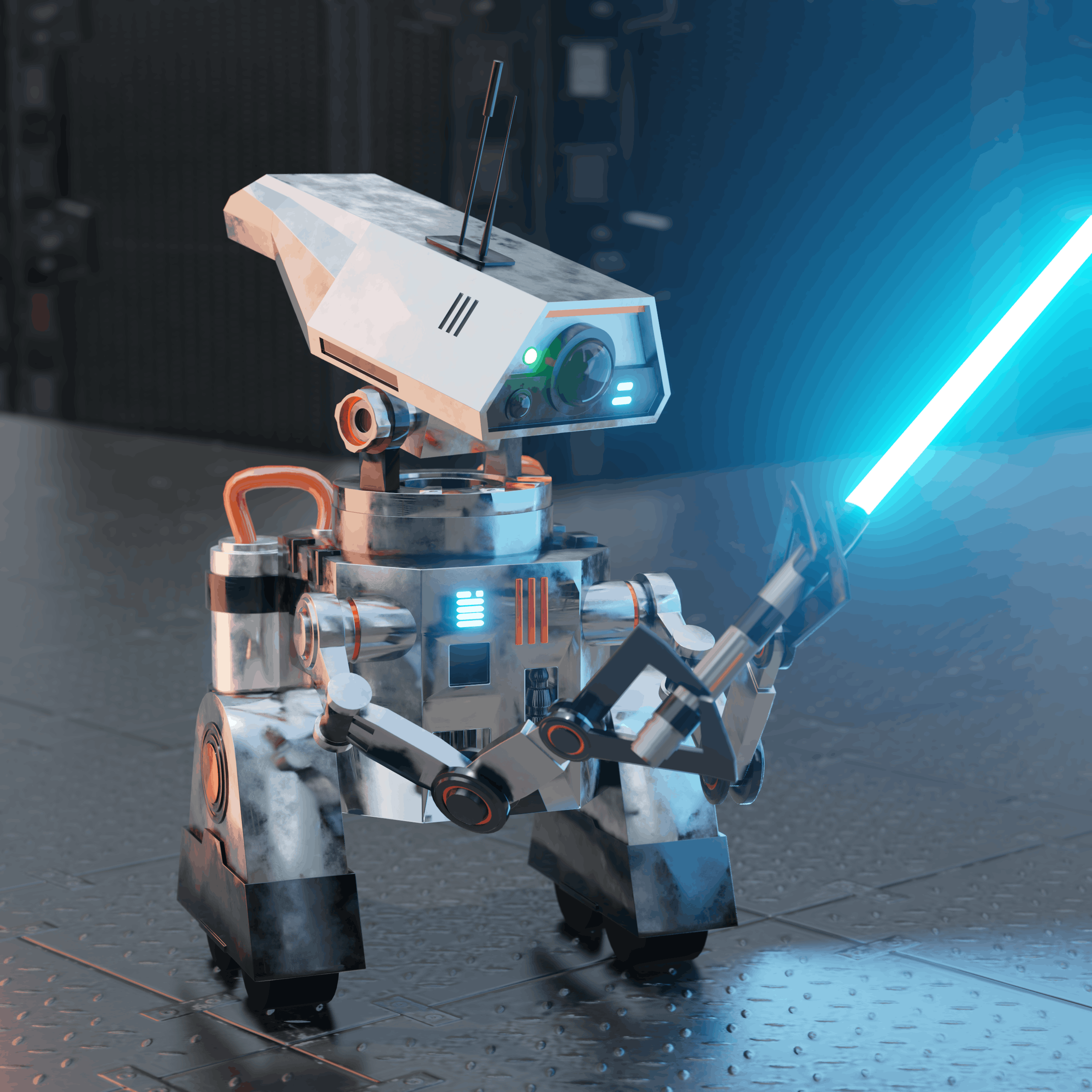A high-tech robot showcases advanced technology with its glowing energy sword in a futuristic setting.
