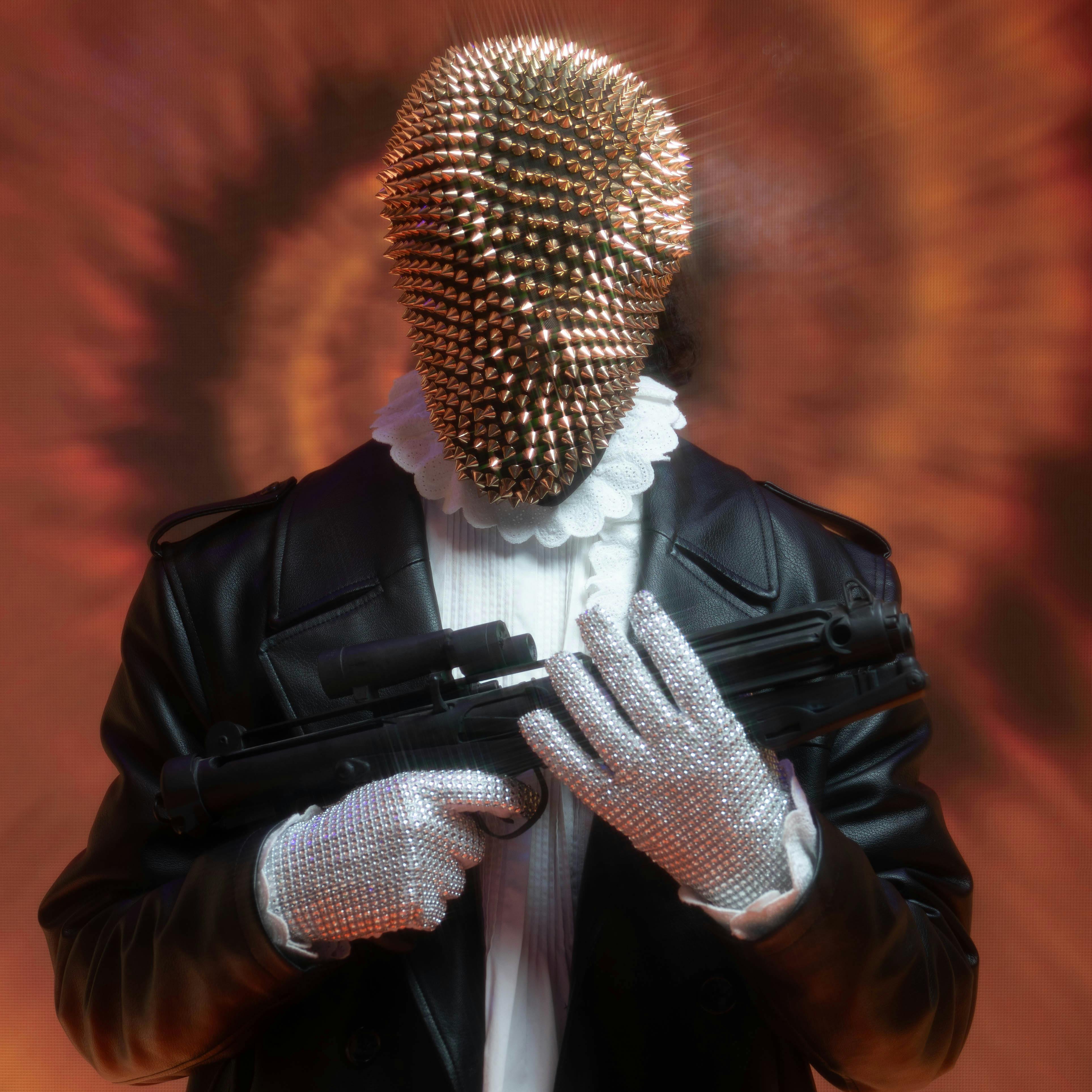 Surreal scene featuring a masked person in a leather jacket holding a gun with dramatic lighting.
